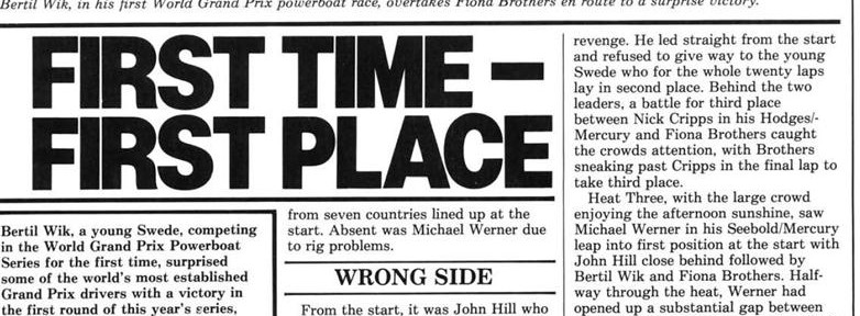 BERTIL WIK..First time – First place..World Grand Prix powerboat race 1983